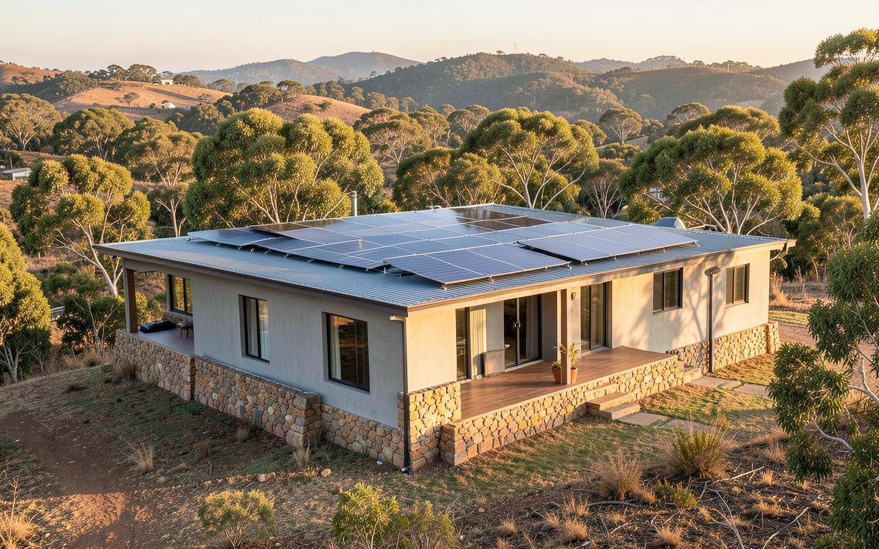 Adelaide Hills home with rooftop solar panels and battery storage
