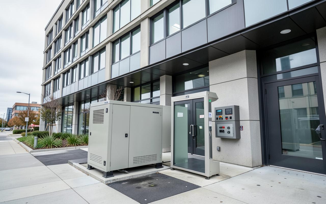 Melbourne commercial building with a ground-level battery storage system