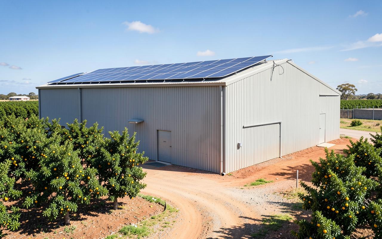 Riverland fruit packing shed with a large rooftop solar array beside citrus orchards
