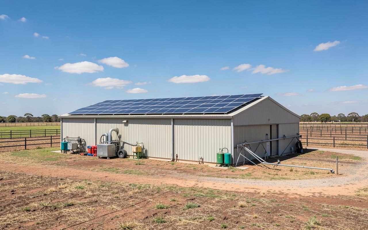 Regional South Australian farm shed covered in solar panels with irrigation equipment