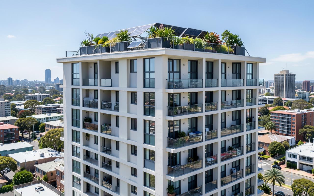 Inner Sydney strata apartment tower with rooftop solar and shared plant