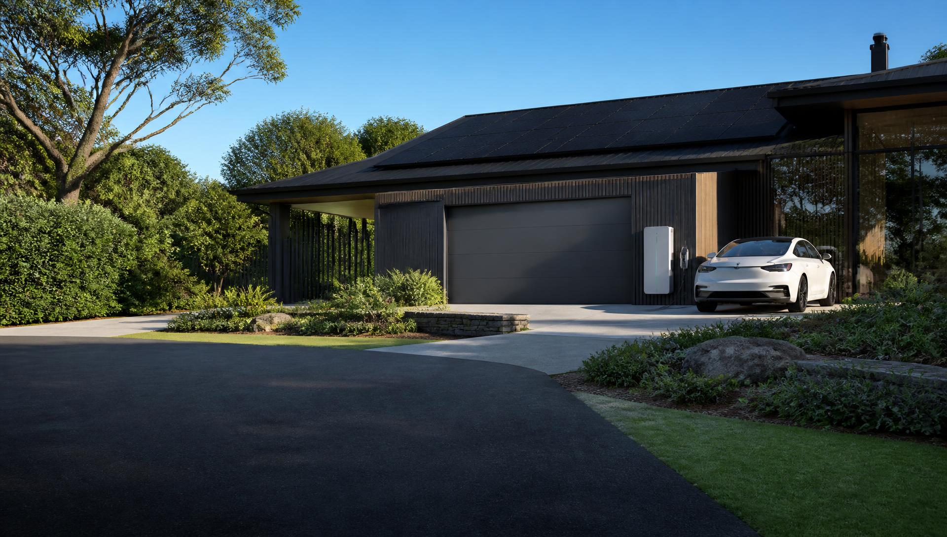 Premium Australian home in daylight with rooftop solar, battery storage and electric vehicle charging